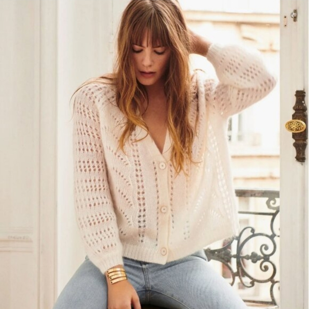 SÉZANE Dereck Fancy Knit Mohair Pointelle Cardigan Ivory Ecru S Like New RARE